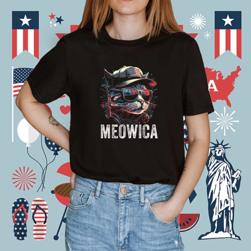 Meowica 4th of July Cat American Flag America USA Funny Shirt