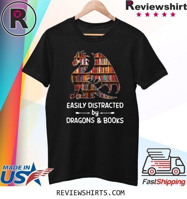 Easily Distracted By Dragon and Books T-Shirt