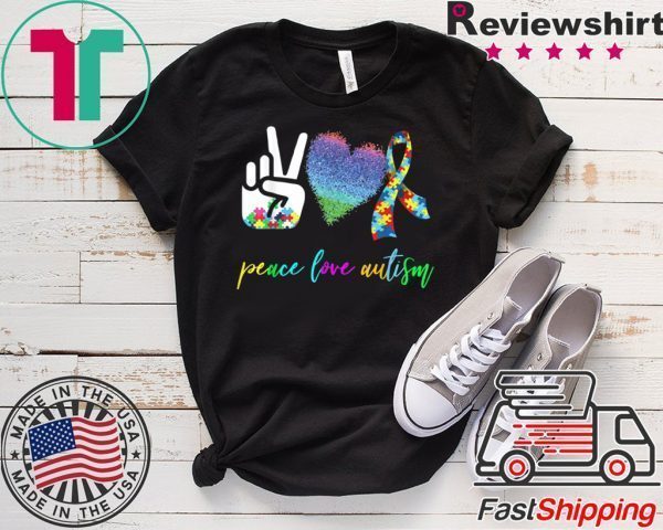 Peace Love Autism Puzzle Pieces Ribbon Autism Awareness Tee T-Shirts