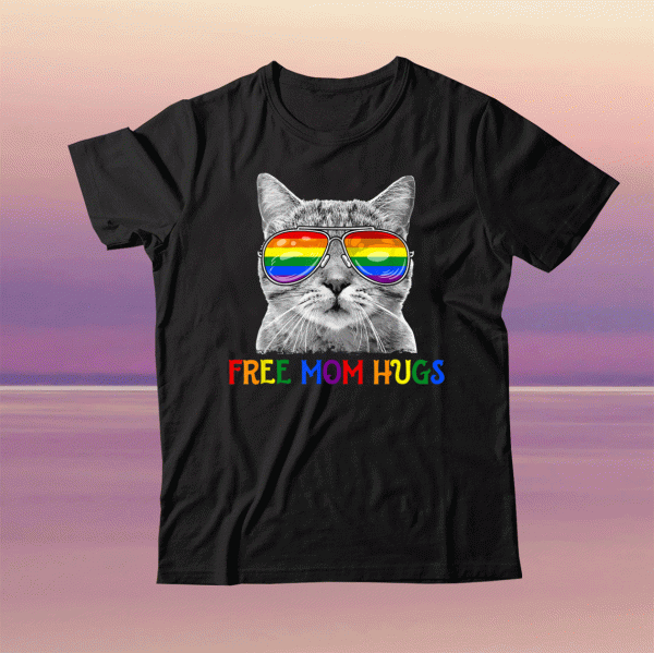 Free Mom Hugs Purride Proud Ally Cat Rainbow Flag LGBT Pride Tee Shirt