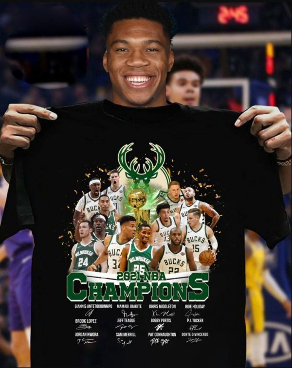 2021 NBA Milwaukee Bucks Champions Signatures Official Shirt