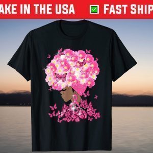 American Black Women Floral Hair Breast Cancer Awareness T-Shirt