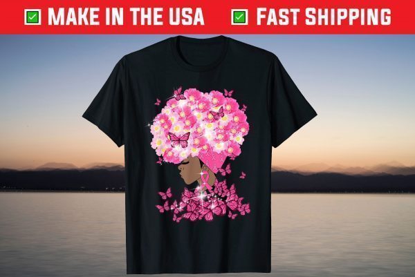 American Black Women Floral Hair Breast Cancer Awareness T-Shirt