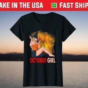 Awesome October Girl Pumpkin Witch Hat Sunset Halloween T-Shirt