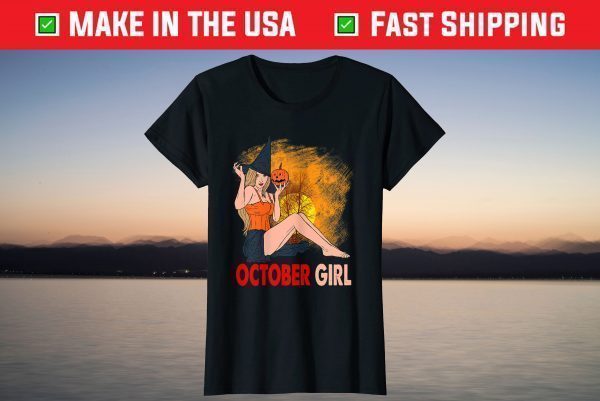 Awesome October Girl Pumpkin Witch Hat Sunset Halloween T-Shirt