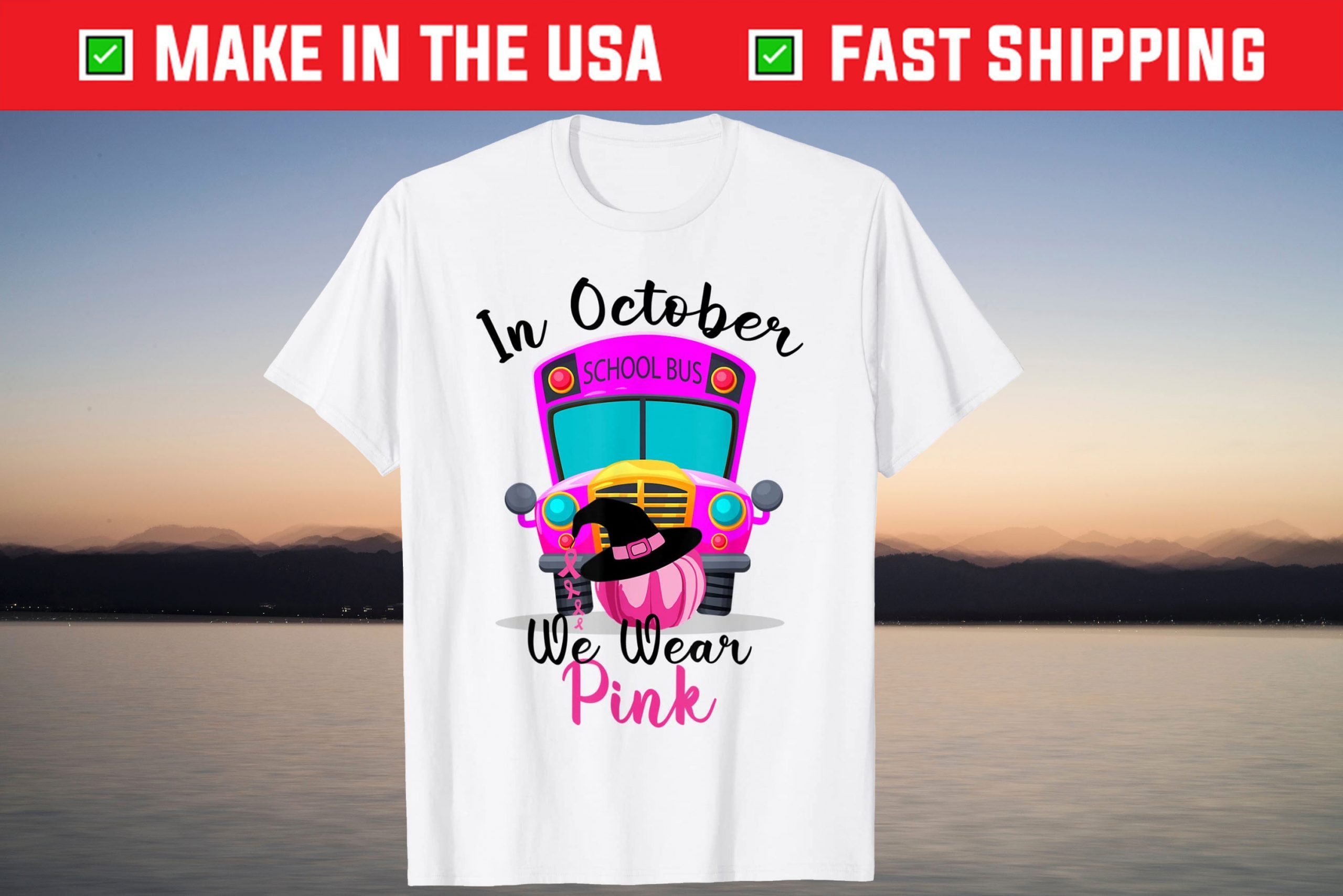 Halloween In October We Wear Pink School Bus Breast Cancer Shirt
