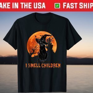 I Smell Children Witch Black Cat Halloween Broom Tee Shirt