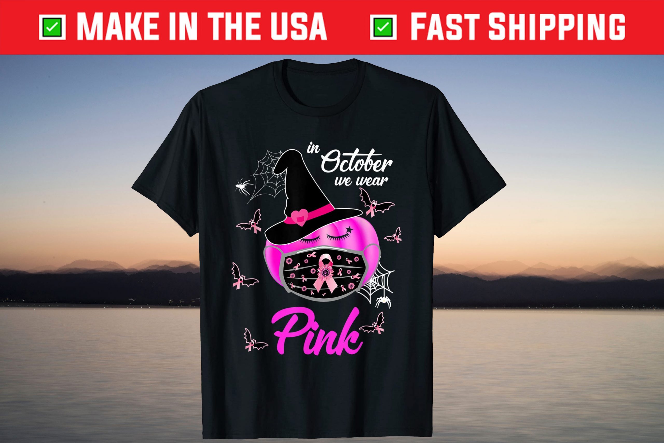 In October We Wear Pink Pumpkin Breast Cancer Halloween Tee Shirt