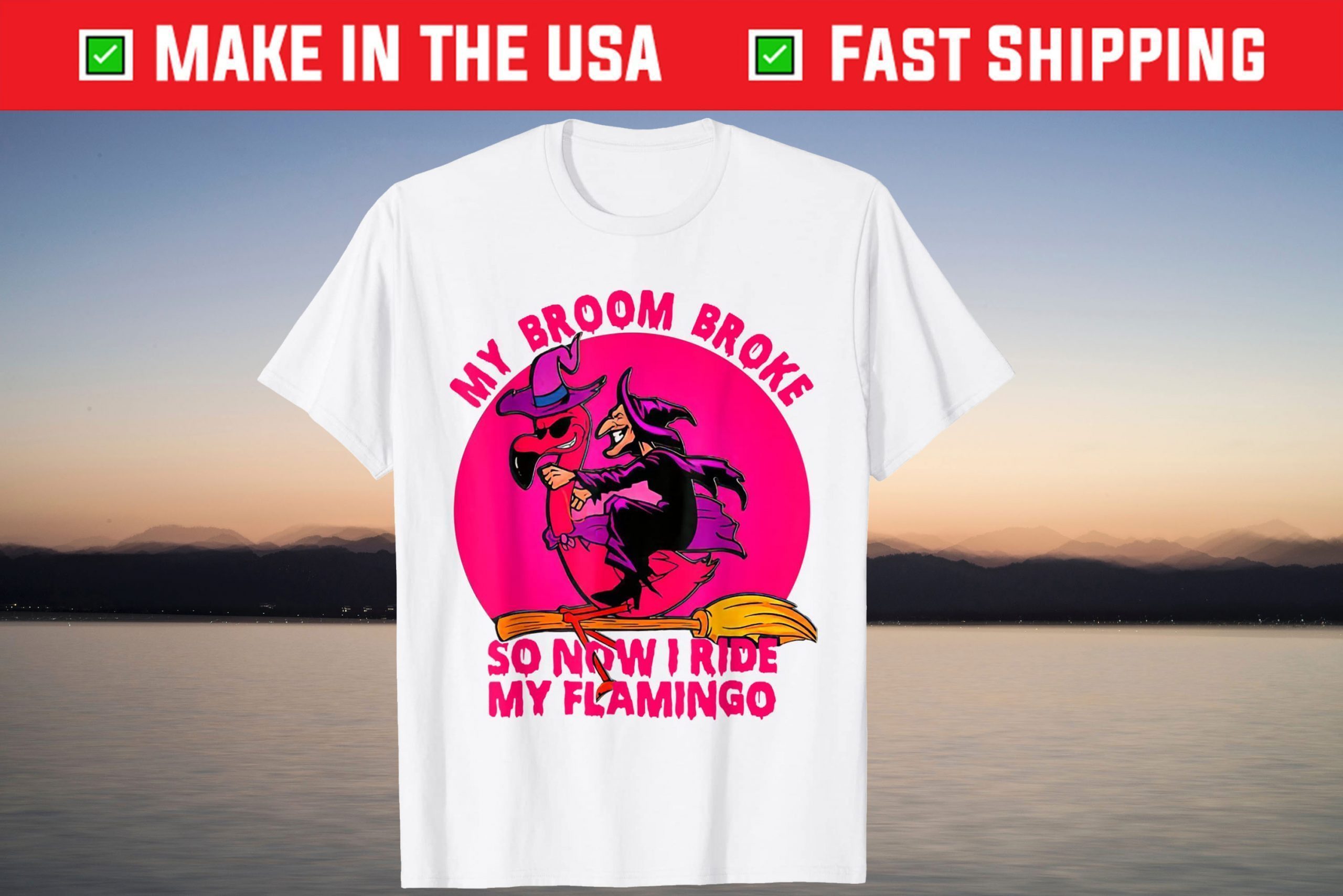 My Broom Broke So Now I Ride My Flamingo Halloween Witch T-Shirts