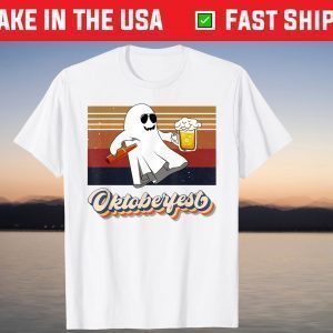 Retro Sunset Oktoberfest Ghost Drinking Halloween T-Shirt