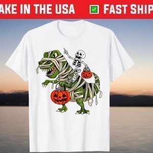 Skeleton Riding Mummy T Rex Saurus Halloween T-Shirt