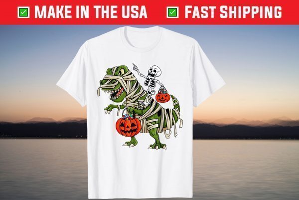 Skeleton Riding Mummy T Rex Saurus Halloween T-Shirt