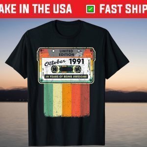 Vintage October 1991 30th Birthday Cassette Tape T-Shirt