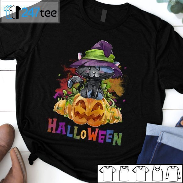 Black Cat In A Witch Hat On A Halloween Pumpkin 2021 Shirt