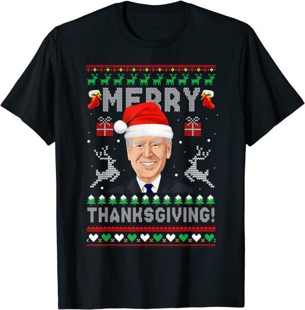 Anti Biden Merry Thanksgiving Santa Hat Ugly Christmas Gift Shirt