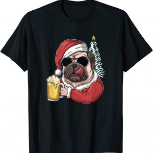 Christmas A Pitbull Dog Santa Hat And Drink Beer On Xmas Tee Shirt