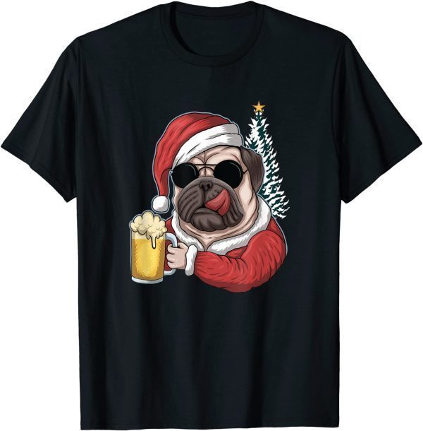Christmas A Pitbull Dog Santa Hat And Drink Beer On Xmas Tee Shirt