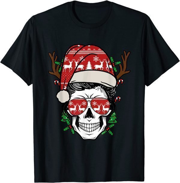 Christmas Skull Messy Bun Reindeer Santa Hat 2022 Shirt