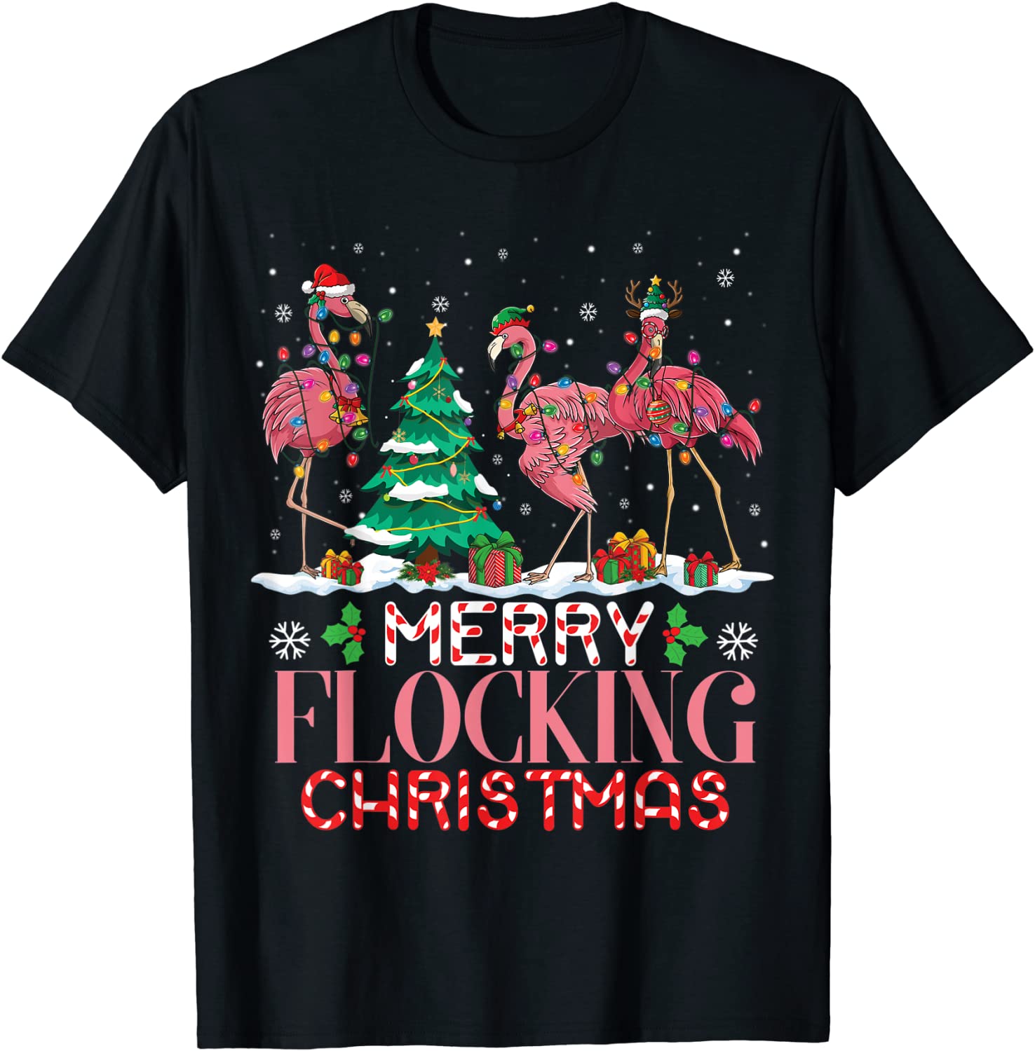 Flamingo Santa Hat Reindeer Xmas Merry Flocking Christmas T-Shirt