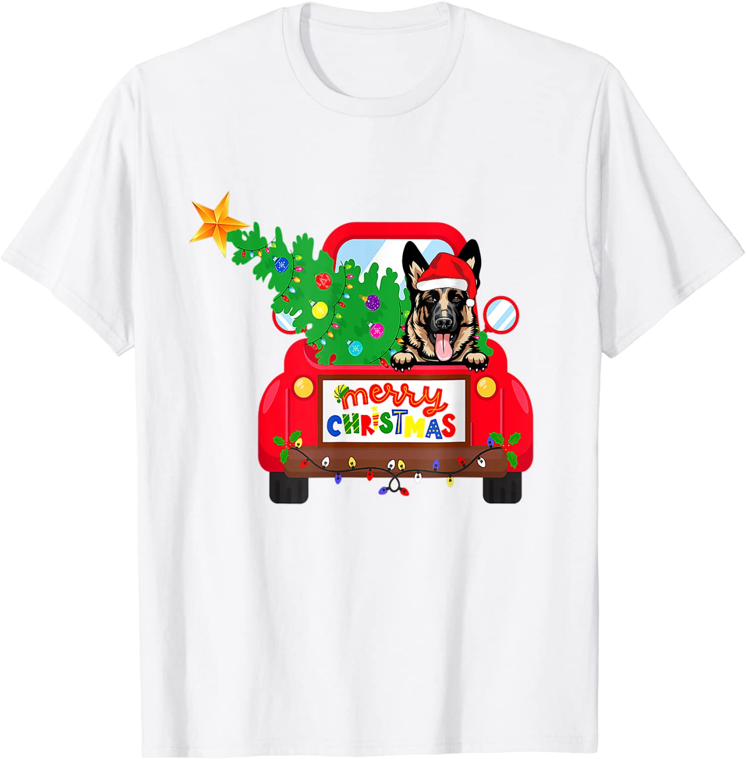 German Shepherd Dog Riding Red Truck Christmas Pajama 2021 T-Shirt