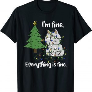 I'm Fine Everything Is Fine Tangled Up Cat Christmas Lights 2022 Shirt