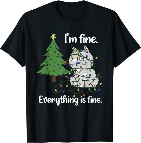 I'm Fine Everything Is Fine Tangled Up Cat Christmas Lights 2022 Shirt