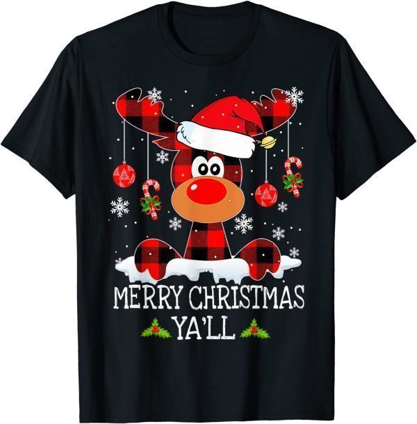 Merry Christmas Ya'll Buffalo Red Plaid Reindeer Santa Hat Classic Shirt