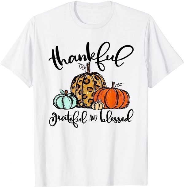 Thankful Grateful Blessed Leopard Plaid Thanksgiving T-Shirt