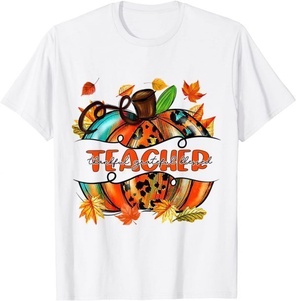 Thankful Grateful Blessed Plaid Leopard Pumpkin Thanksgiving Unisex T-Shirt