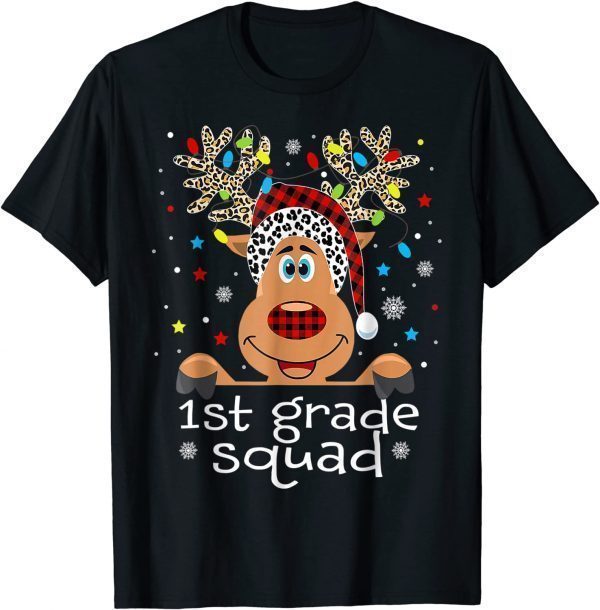 1st Grade Squad Plaid Reindeer Santa Hat Teacher Christmas Tee Shirt