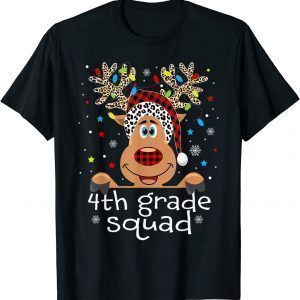 4th Grade Squad Plaid Reindeer Santa Hat Teacher Christmas 2022 Shirt