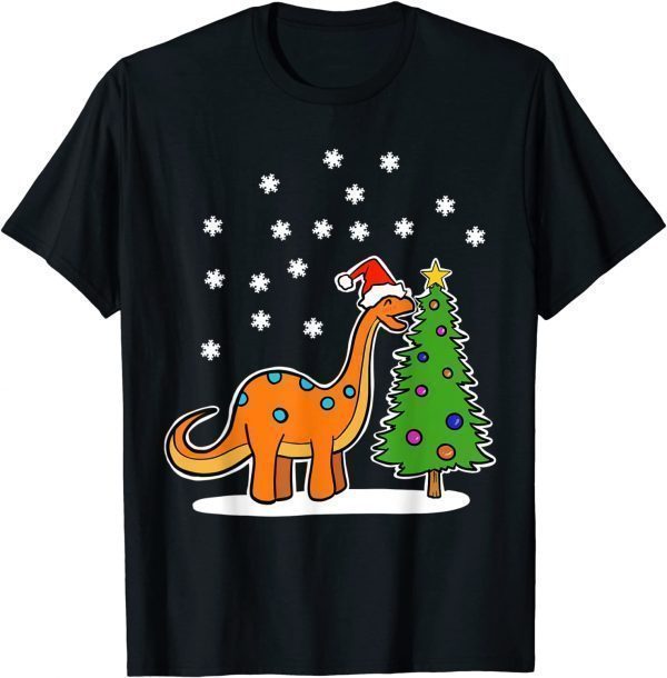 Christmas Brachiosaurus Dinosaur eating a Christmas Tree Tee Shirt