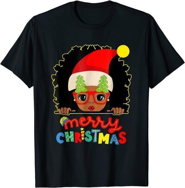 Cute Afro Black Girl Glasses Santa Melanin Merry Christmas T-Shirt