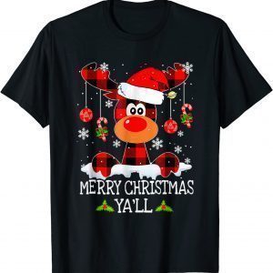 Merry Christmas Ya'll Reindeer Santa Hat Buffalo Red Plaid Classic Shirt