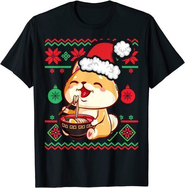 Ugly Christmas Sweater Kawaii Anime Shiba Inu Eating Ramen 2022 T-Shirt
