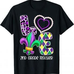 I Love Mardi Gras 2nd Grade Teacher Plaid Leopard Costume T-Shirt