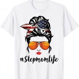 Basketball Stepmom Life Messy Bun American Flag Bandana T-Shirt