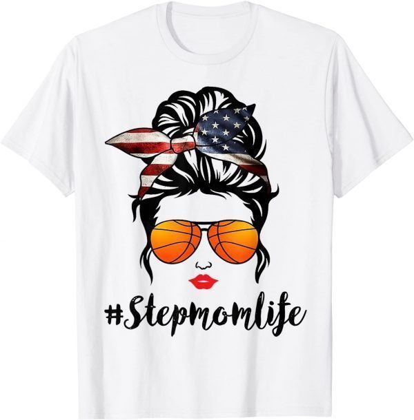 Basketball Stepmom Life Messy Bun American Flag Bandana T-Shirt