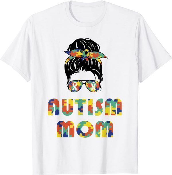 Autism Awareness Mom Messy Bun Puzzle Mother’s Day Classic Shirt