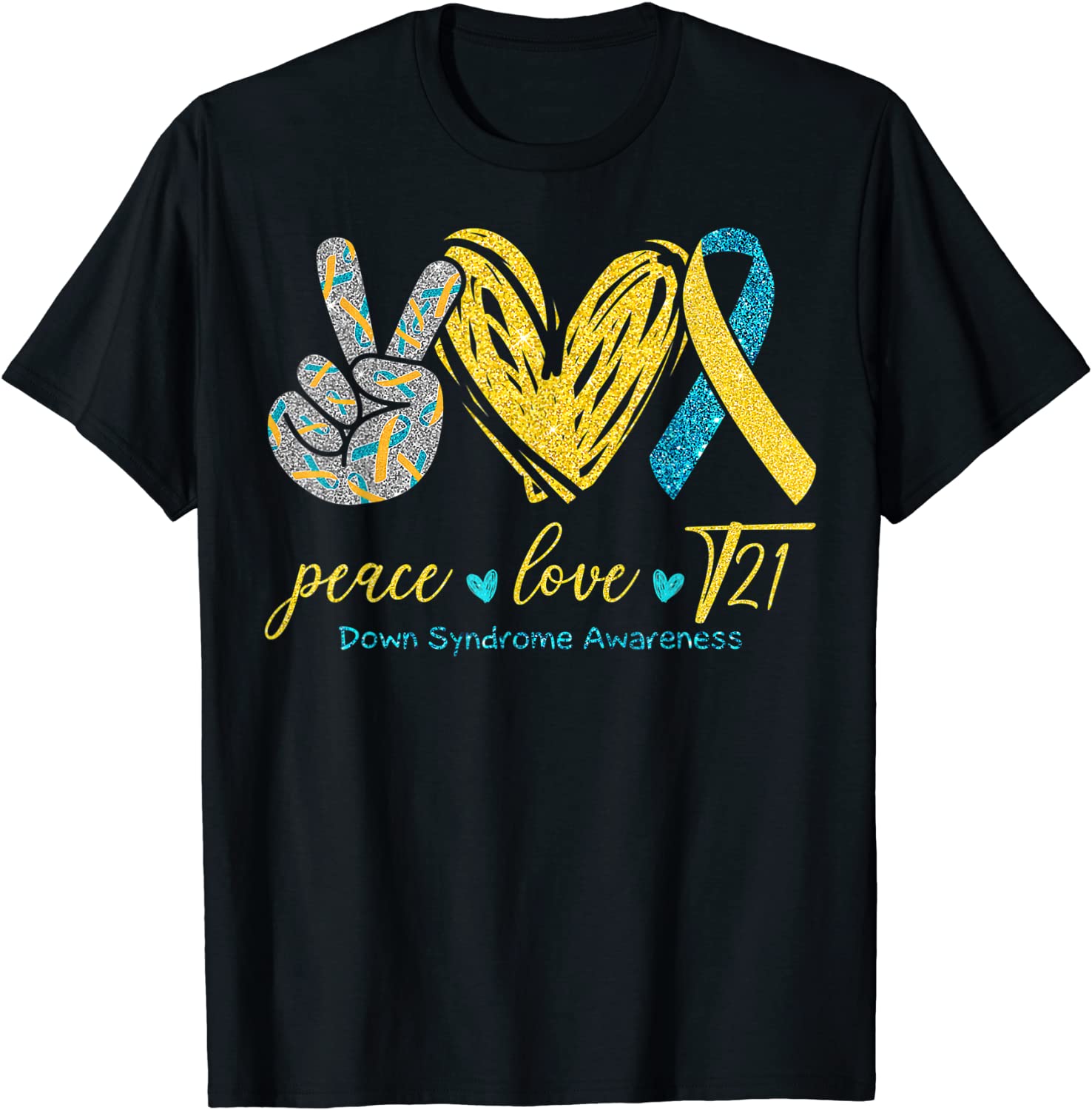 Peace Love T21 Blue Yellow Ribbon Down Syndrome Awareness 2022 Shirt