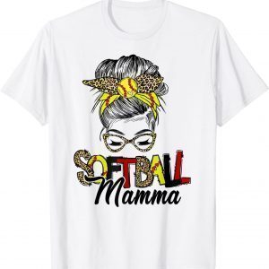 Softball Mamma Life With Leopard Messy Bun Mother's Day T-Shirt