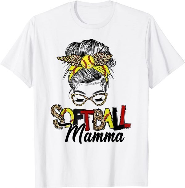 Softball Mamma Life With Leopard Messy Bun Mother's Day T-Shirt