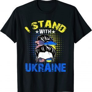 Support I Stand With Ukraine American Messy Bun Flag Peace Ukraine T-Shirt