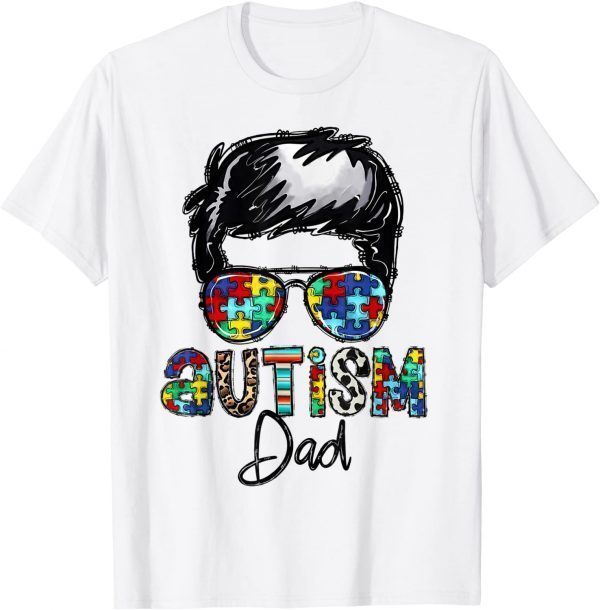 Autism Awareness Puzzle Glasses Autism Dad Messy Bun Hair Classic Shirt