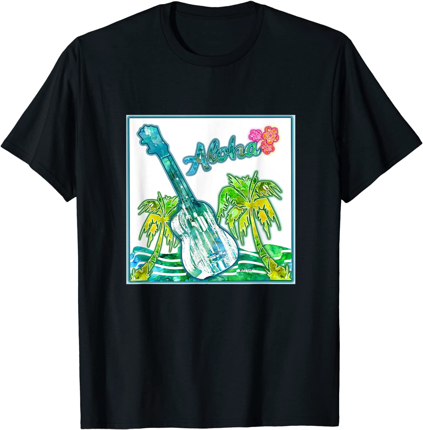 Colorful Hawaiin Aloha Ukelele with Palm Trees and Water Classic Shirt
