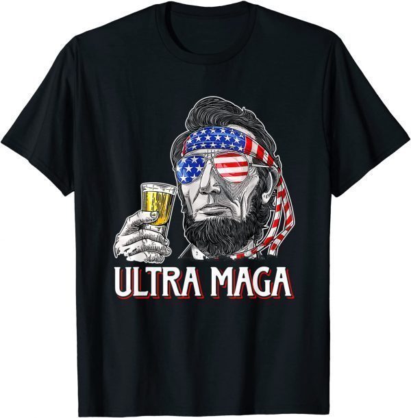 Ultra Maga 4th of July Abraham Lincoln Drinking USA Flag T-Shirt