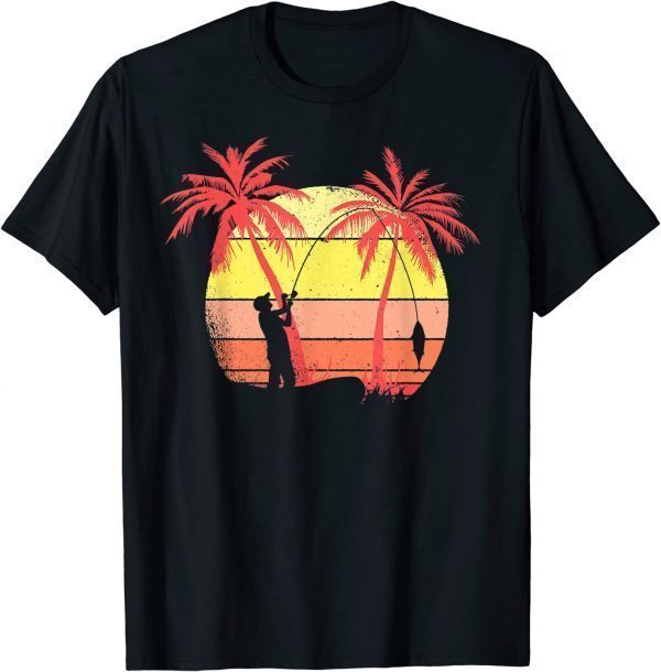 Fisherman Fishing From Boat Summer Sunset 80s Palm Classic Shirt