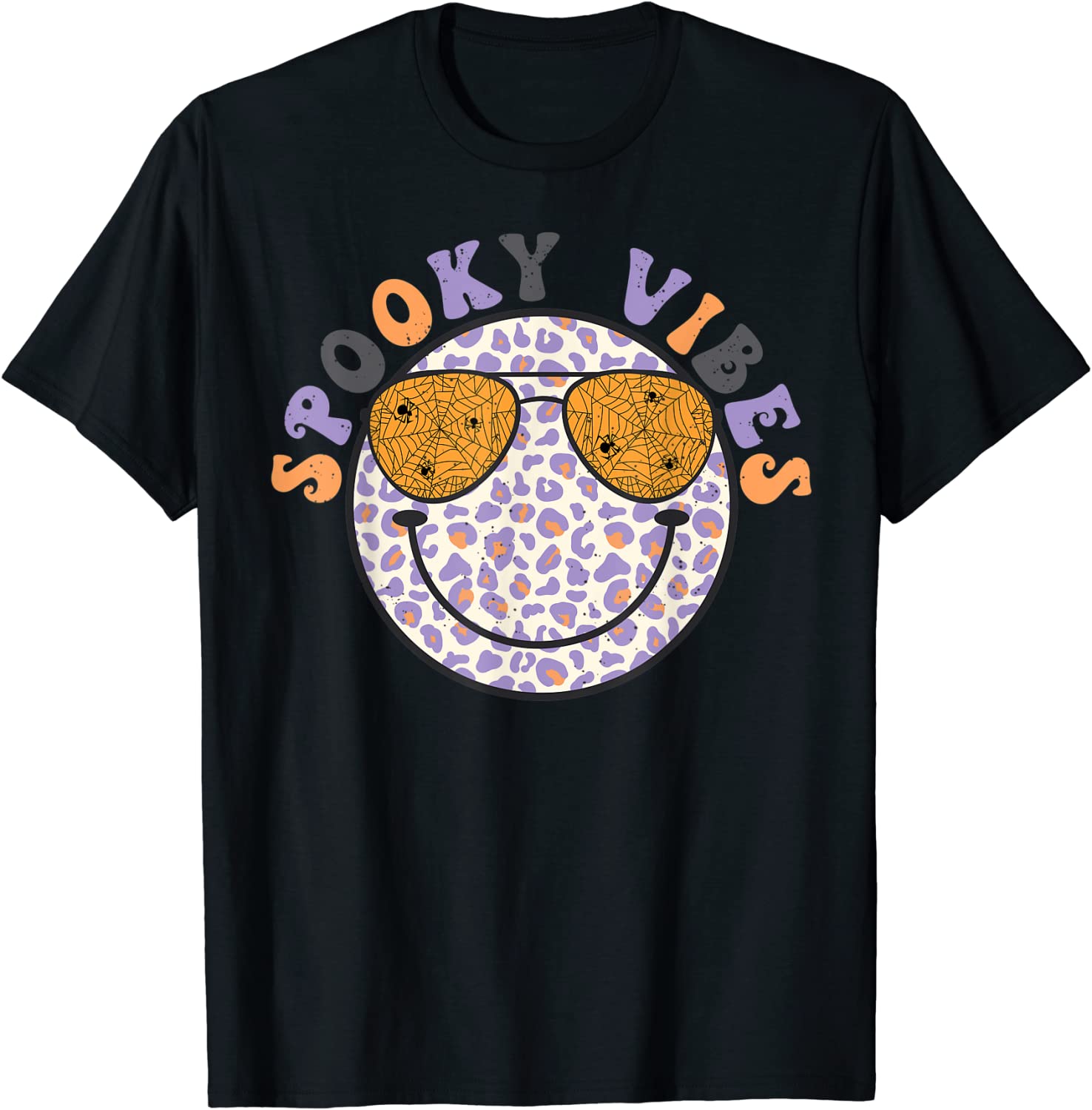 Happy Face Sunglasses Spooky Vibes Leopard Print T-Shirt