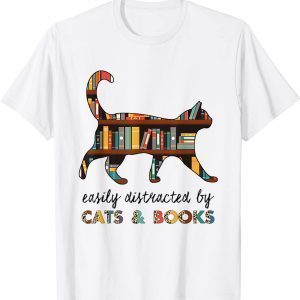 Easily Distracted by Cats and Books Cat & Book Lover Leopard 2022 Shirt