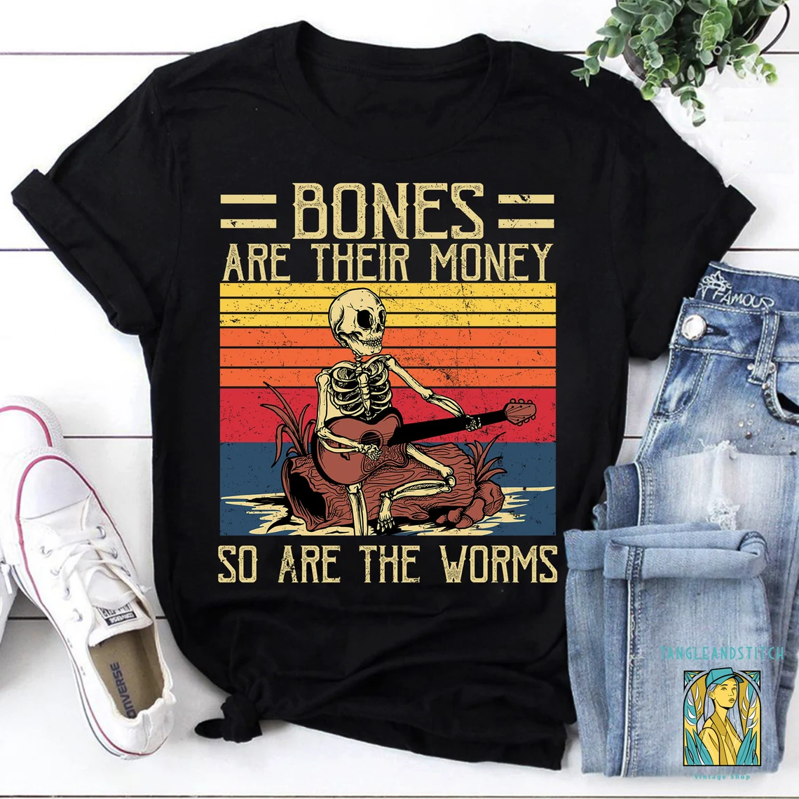 Halloween Bones Are Their Money Skeleton Playing Guitar Retro Vintage 2023 Shirt